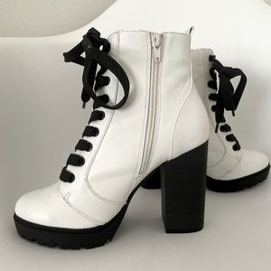 White and Black Express Heeled Combat Boots